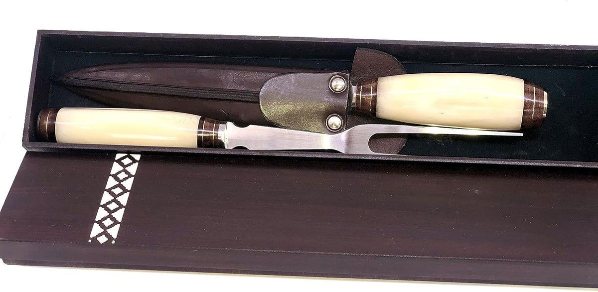 Handmade Bone Handle Carving Set with Wooden Box Q434
