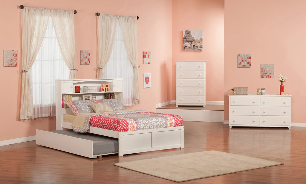 White Full Solid Wood Platform Bed with Footboard & Trundle X370624