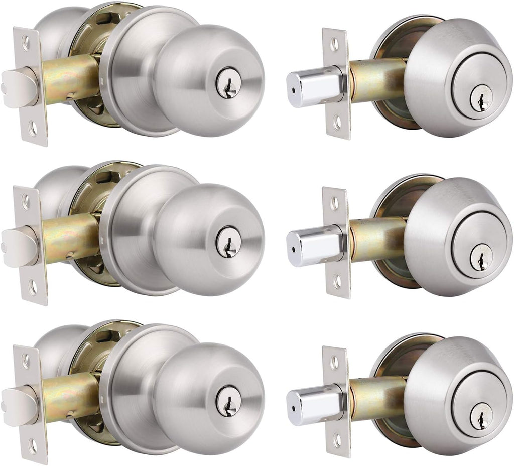 3 Pack Keyed Alike Entry Door Knobs and Single Cylinder Deadbolt Lock Combo Set with Classic Satin Nickel Finish U439