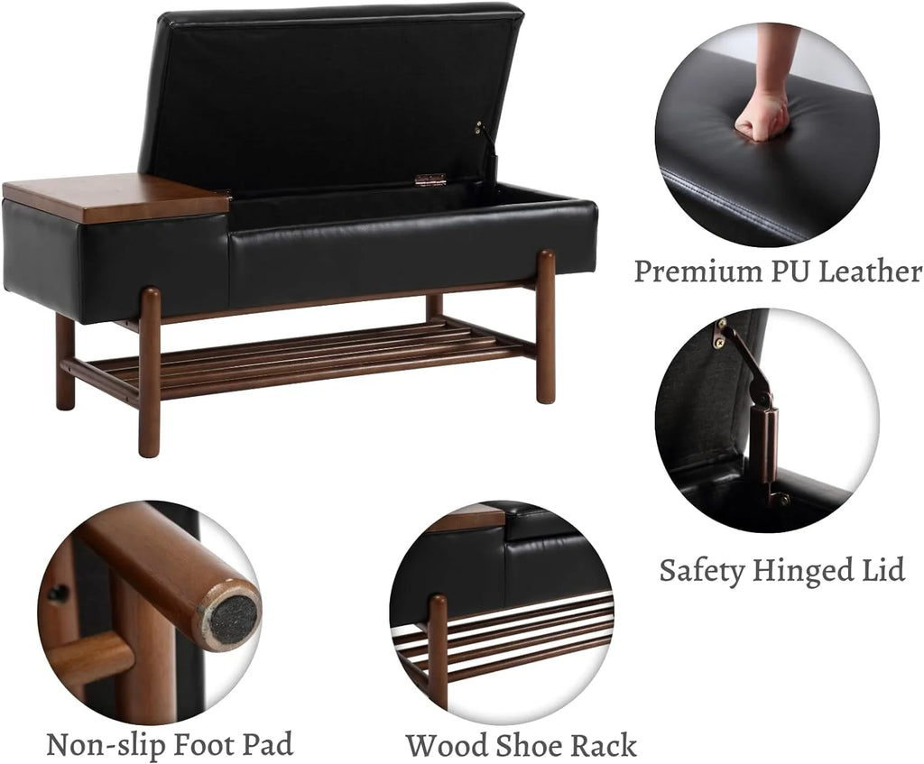 Black Leather Storage Bench with Shoe Rack X958