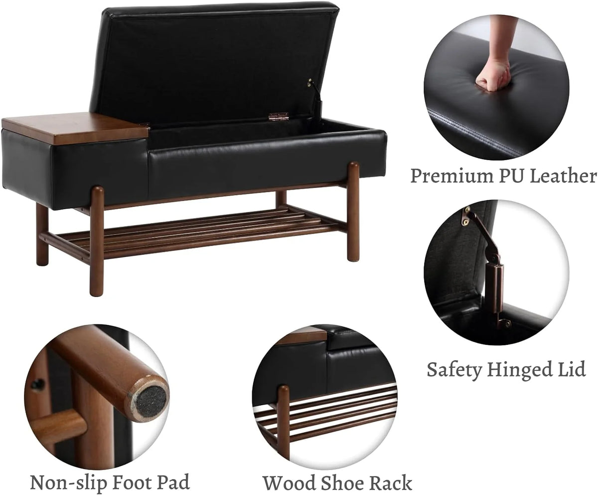 Black Leather Storage Bench with Shoe Rack X958