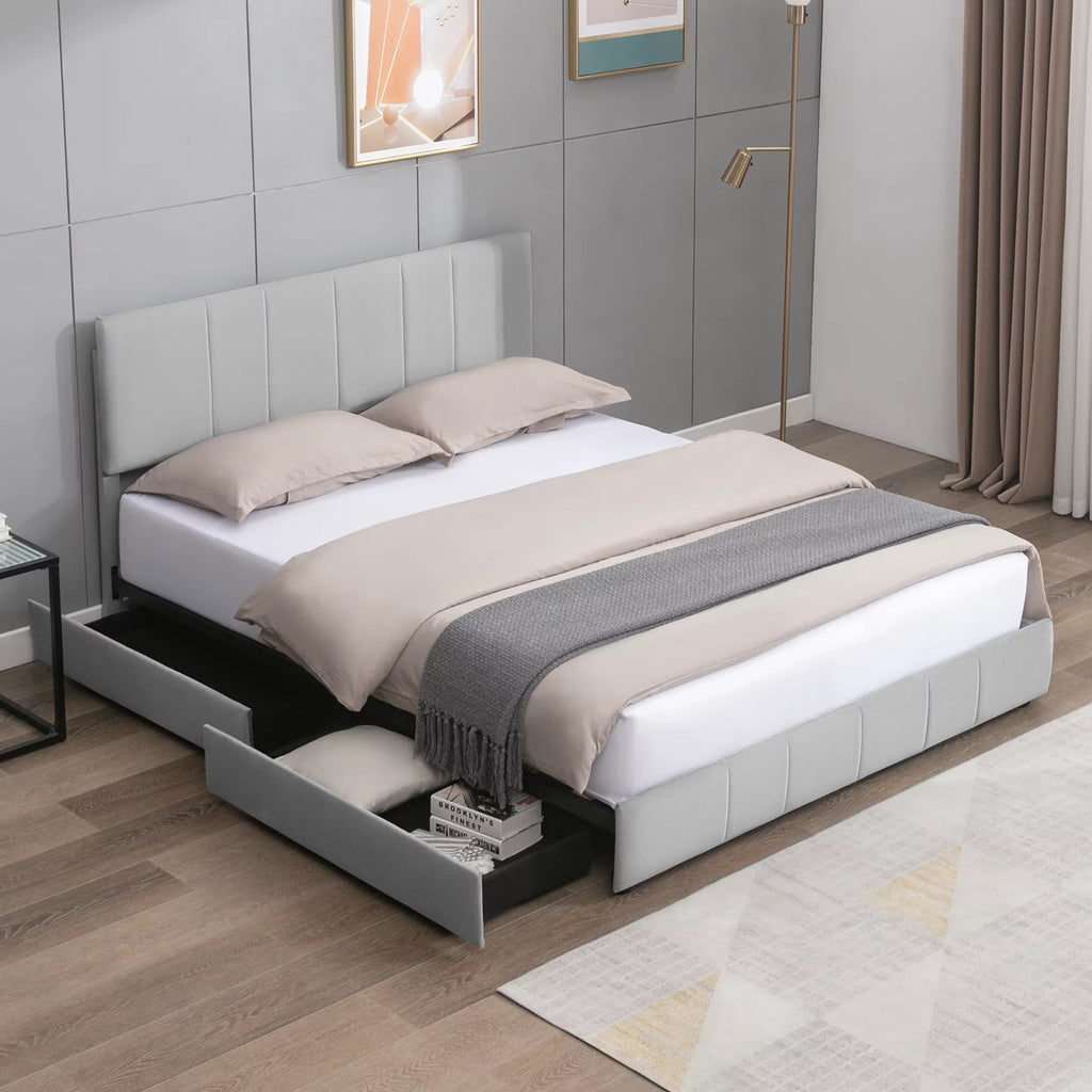 King Size Platform Bed Frame with 4 Storage Drawers and Adjustable Headboard X396