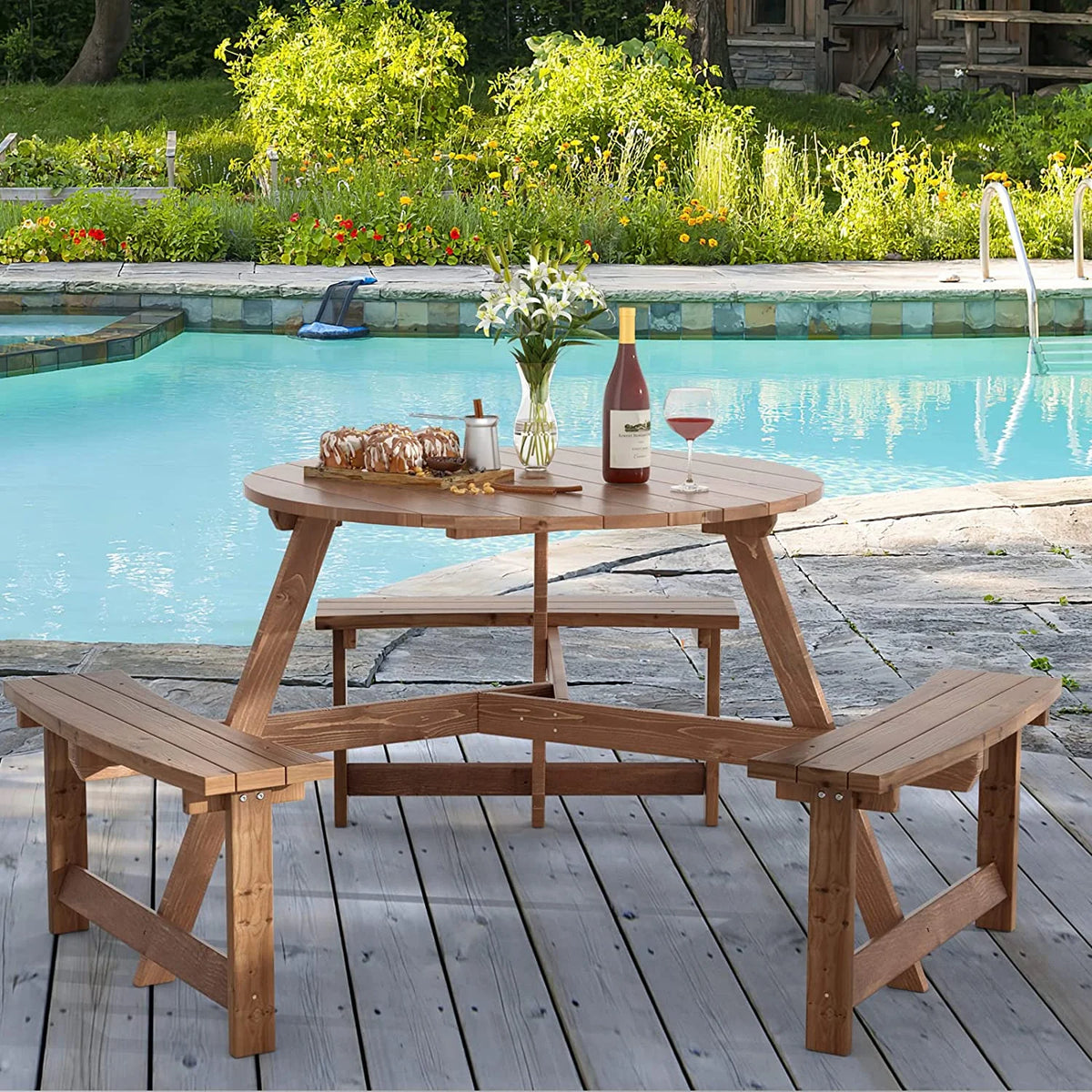 6 People Wooden Picnic Table Bench Set with Umbrella Hole U3551