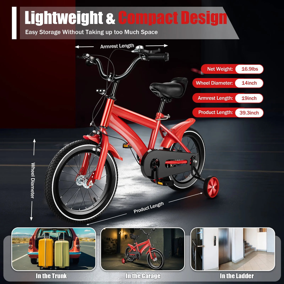 14 Inch Kids Bike with Training Wheels and Mudguards, Red D730383