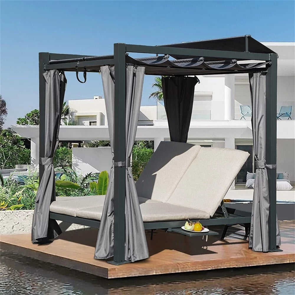 Aluminum Outdoor Patio Retractable Canopy Bed with Beige Cushion W43176