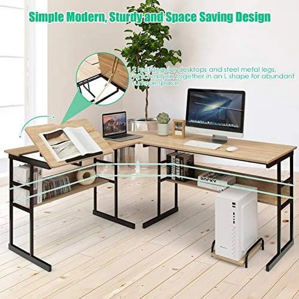 67 inches L-Shaped Corner Computer Desk with Bookshelves Q7893