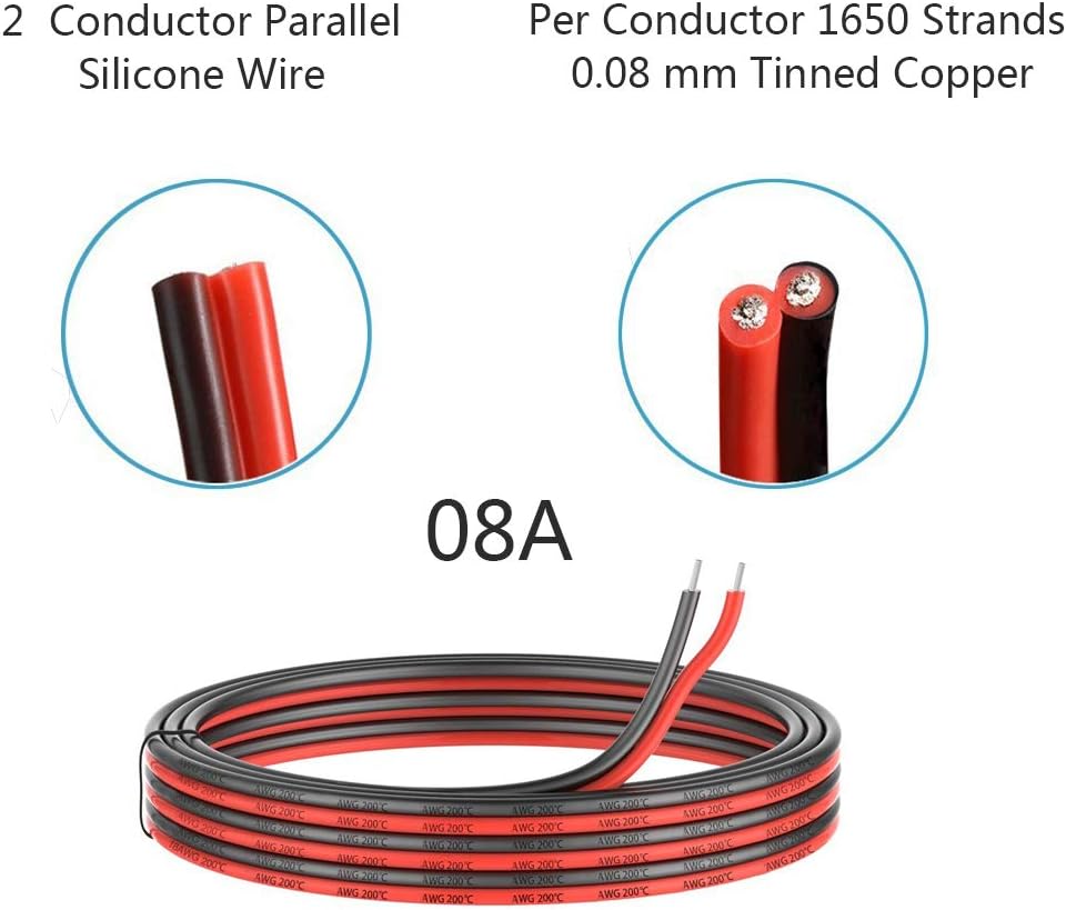 8 Gauge Silicone 2 Conductor Parallel Cable, 33ft, Red Black G885