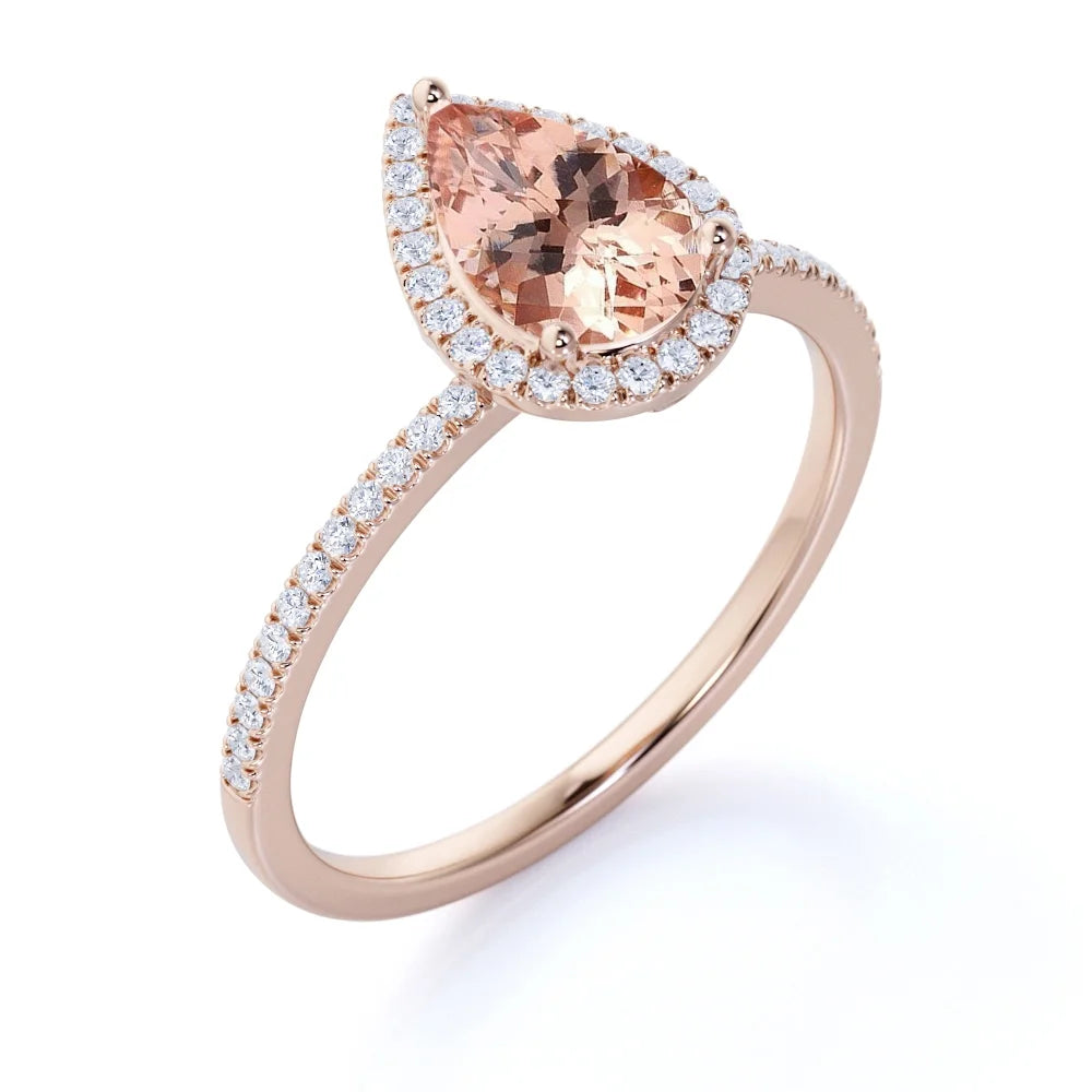 1 Carat Pear Cut Morganite Moissanite Halo Engagement Ring in Rose Gold X529888