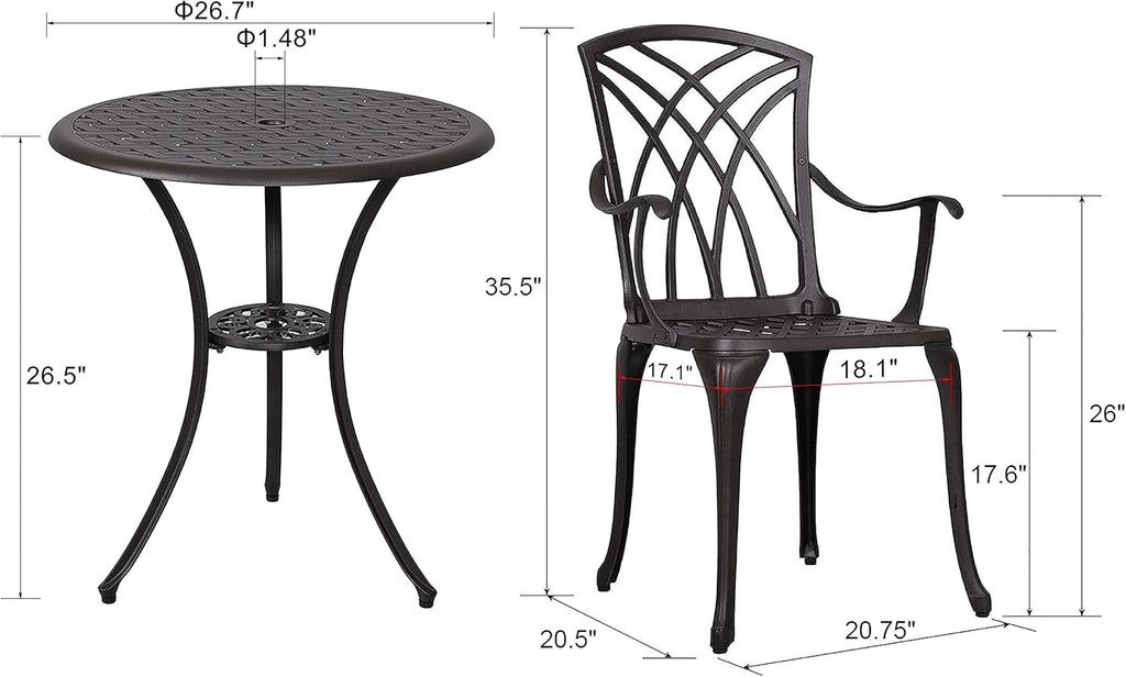 3 Piece Cast Aluminum Patio Bistro Table Set with Umbrella Hole V94386