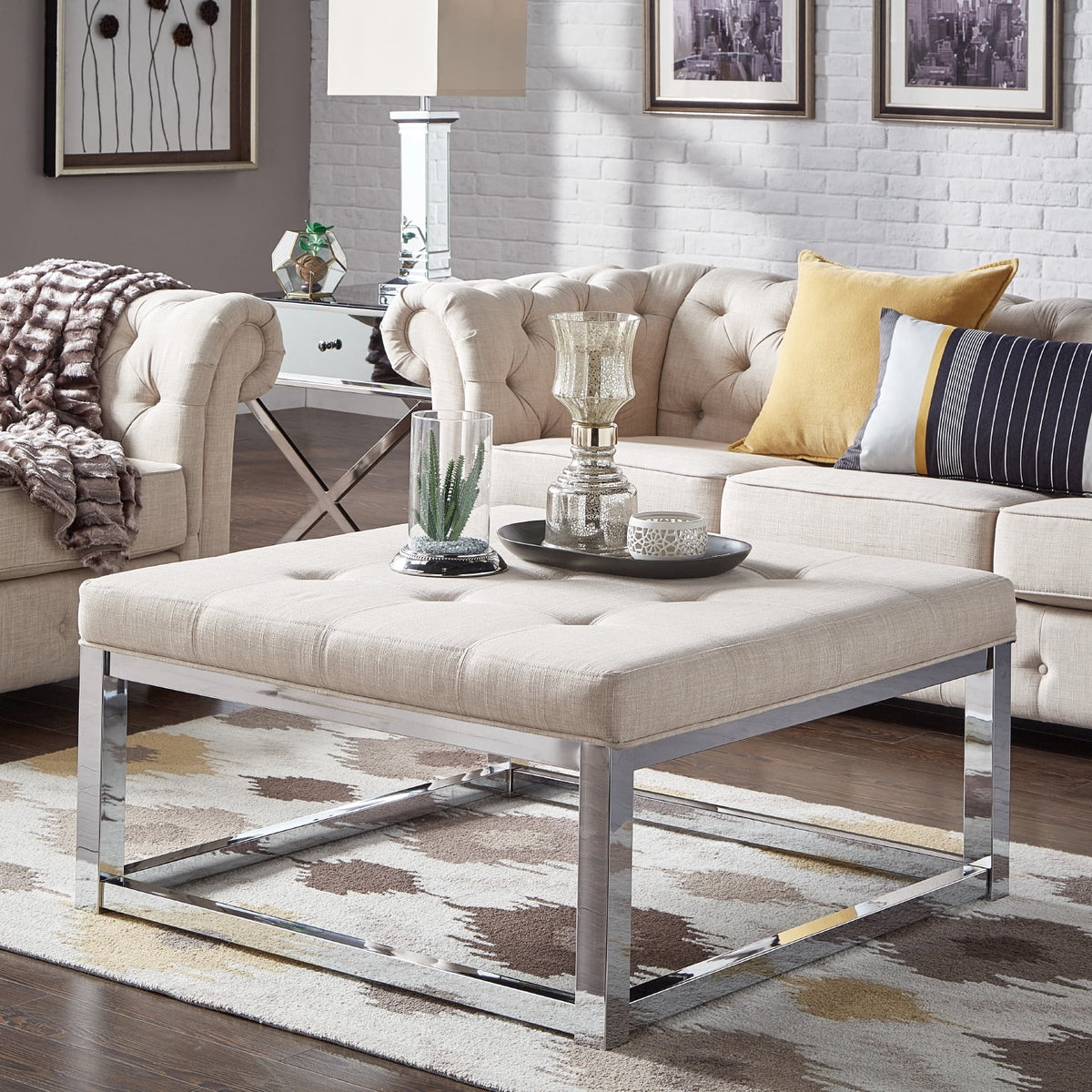 Beige Linen Tufted Cushion Ottoman Coffee Table P24924