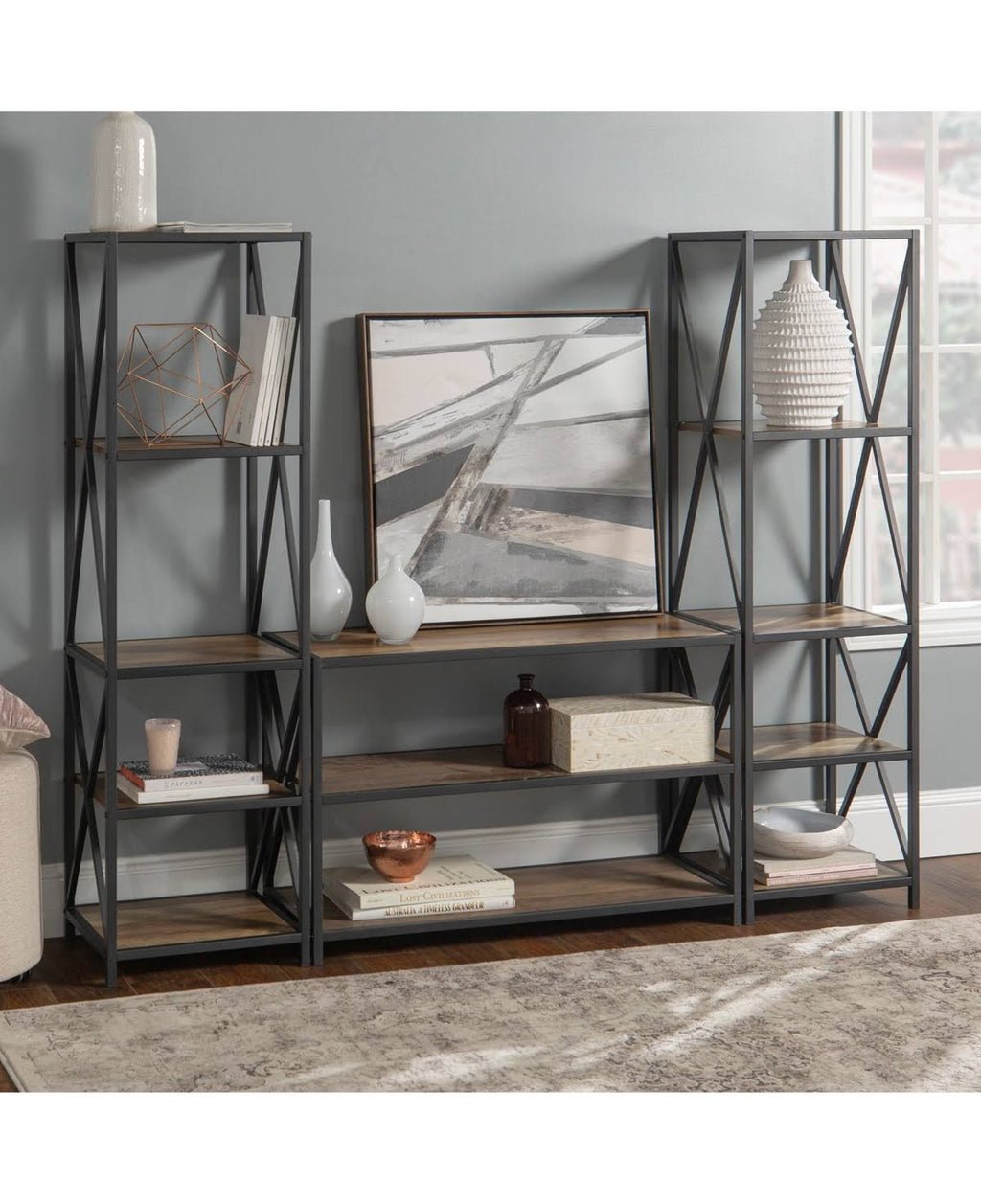 3 Piece Rustic Industrial Bookcase Set Light Brown Y93095