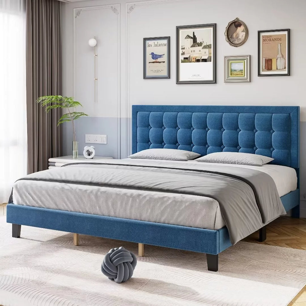 Full Size Blue Upholstered Platform Bed with Tufted Headboard C698