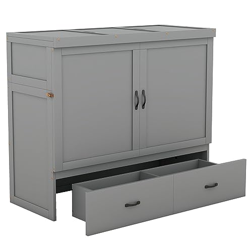 Gray Full Size Murphy Bed with Shelf and Charging Station R8266