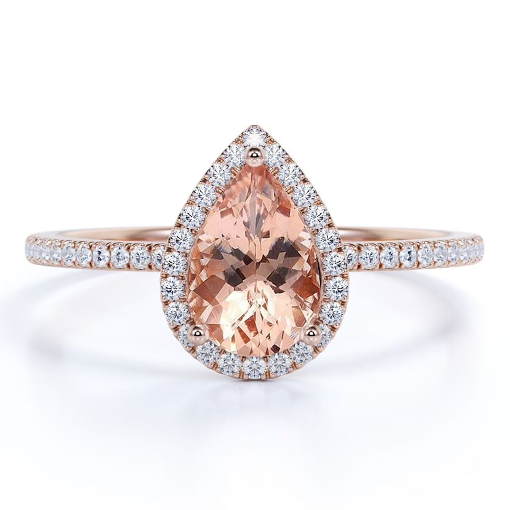 1 Carat Pear Cut Morganite Moissanite Halo Engagement Ring in Rose Gold X529888