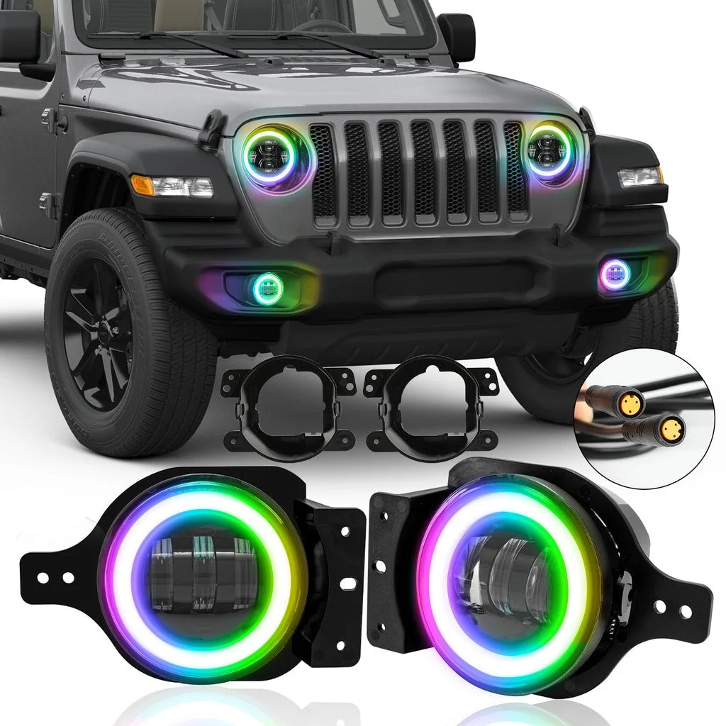 RGB 9" 3D LED Lens Halo Headlights & 4" Fog Lights Combo Kits X75564