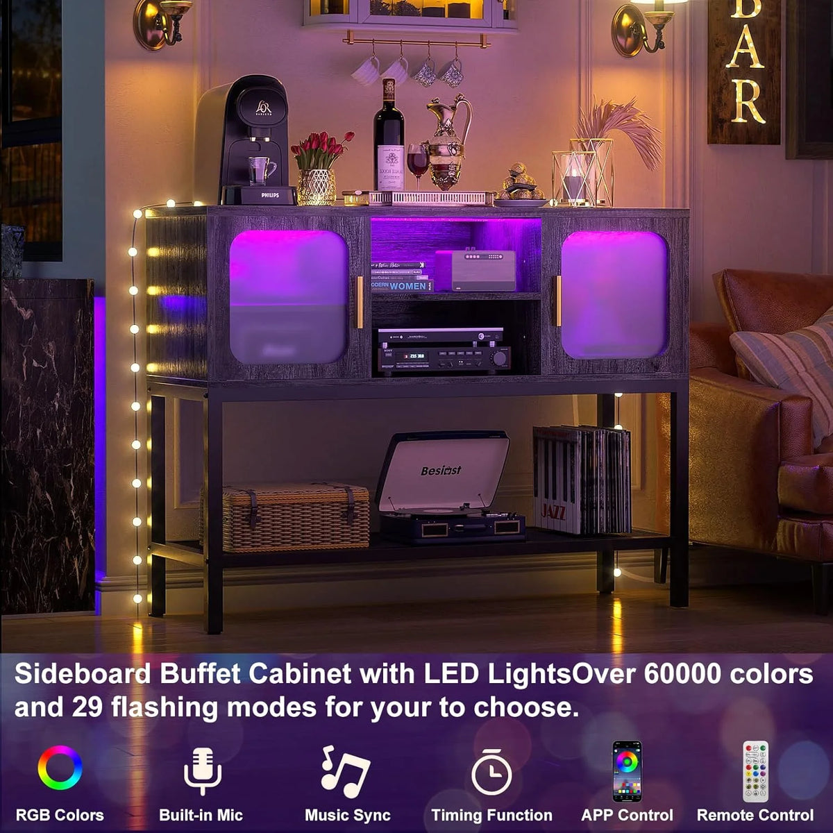 Black Oak Sideboard Buffet Cabinet with Outlet and LED Light O94798