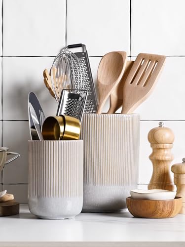 Set of 2 Ceramic Kitchen Utensil Holder, Glaze Marble Gray F29958