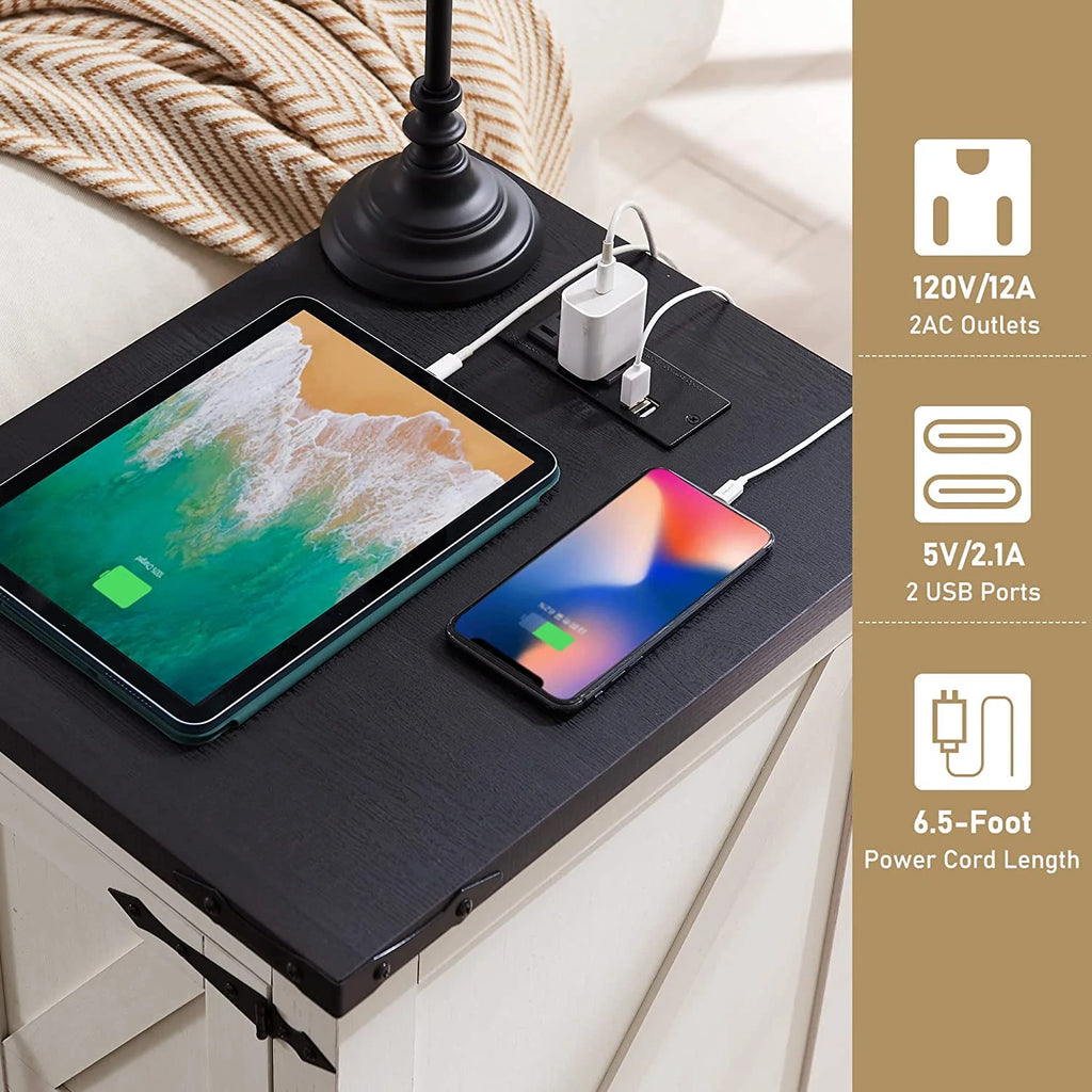 White Farmhouse Wood Nightstand with Charging Station Q95591