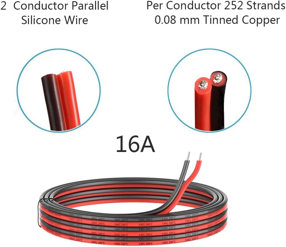 8 Gauge Silicone 2 Conductor Parallel Cable, 33ft, Red Black G885