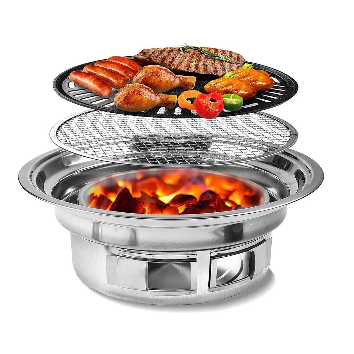 Charcoal Barbecue Grill, Non-Stick Korean BBQ Grill, Portable Stainless Steel Charcoal Stove F7665