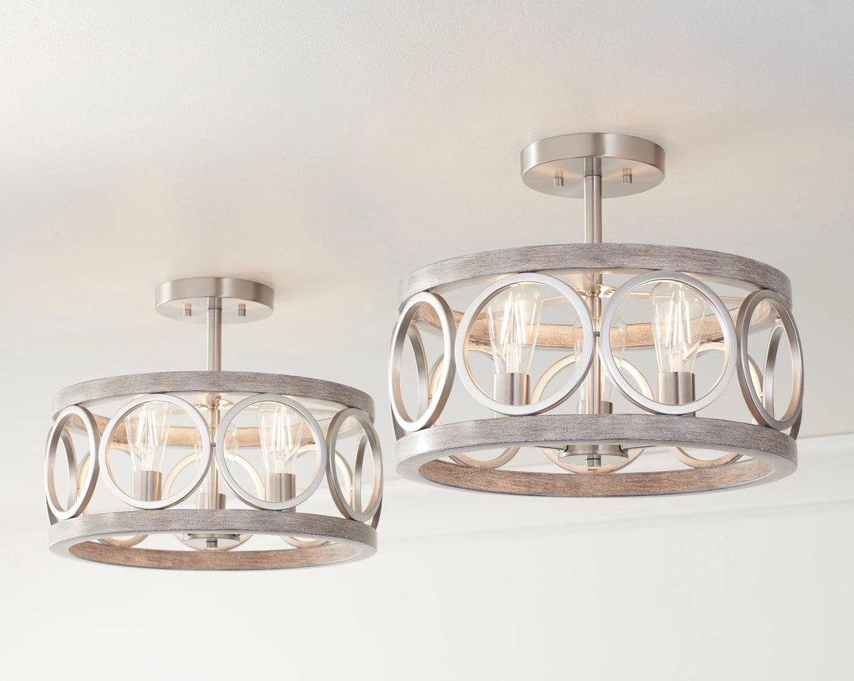 Rustic Farmhouse Ceiling Light Semi Flush Mount 16" Wide Brushed Nickel Gray Wood 3-Light LED C6315