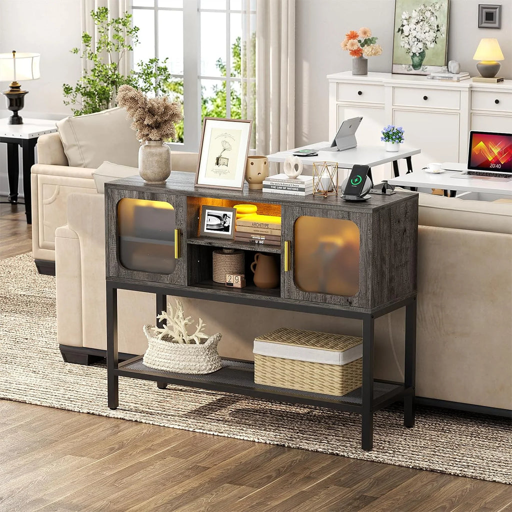 Black Oak Sideboard Buffet Cabinet with Outlet and LED Light O94798
