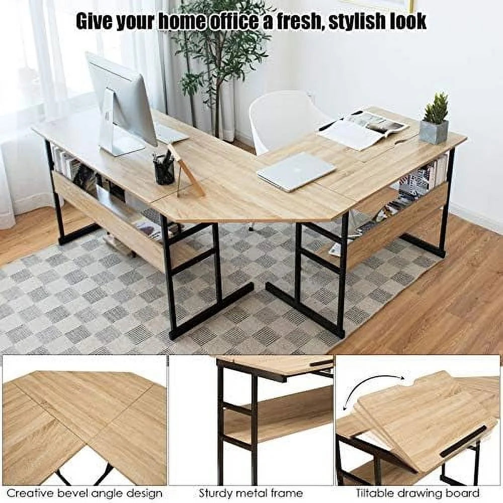 67 inches L-Shaped Corner Computer Desk with Bookshelves Q7893