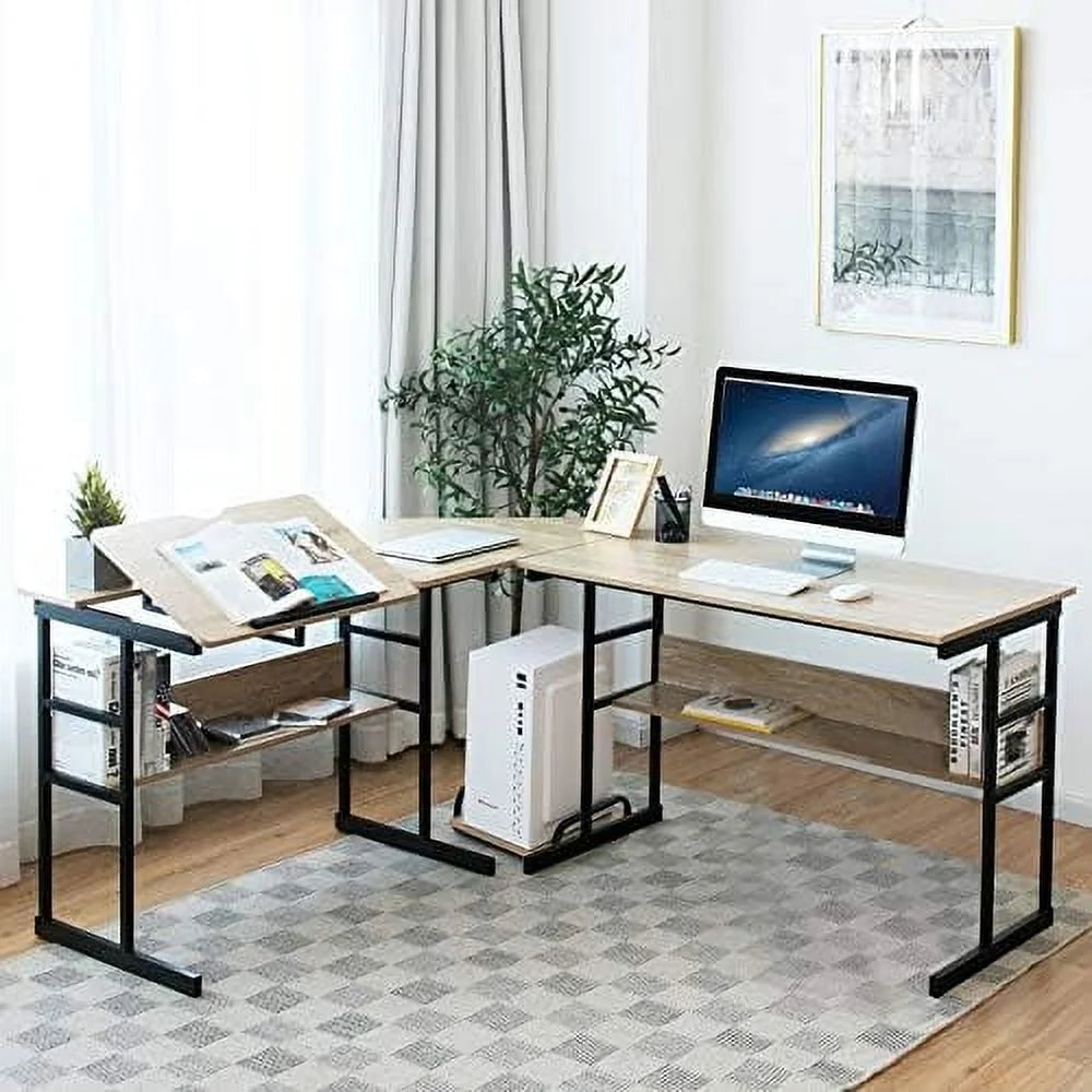 67 inches L-Shaped Corner Computer Desk with Bookshelves Q7893