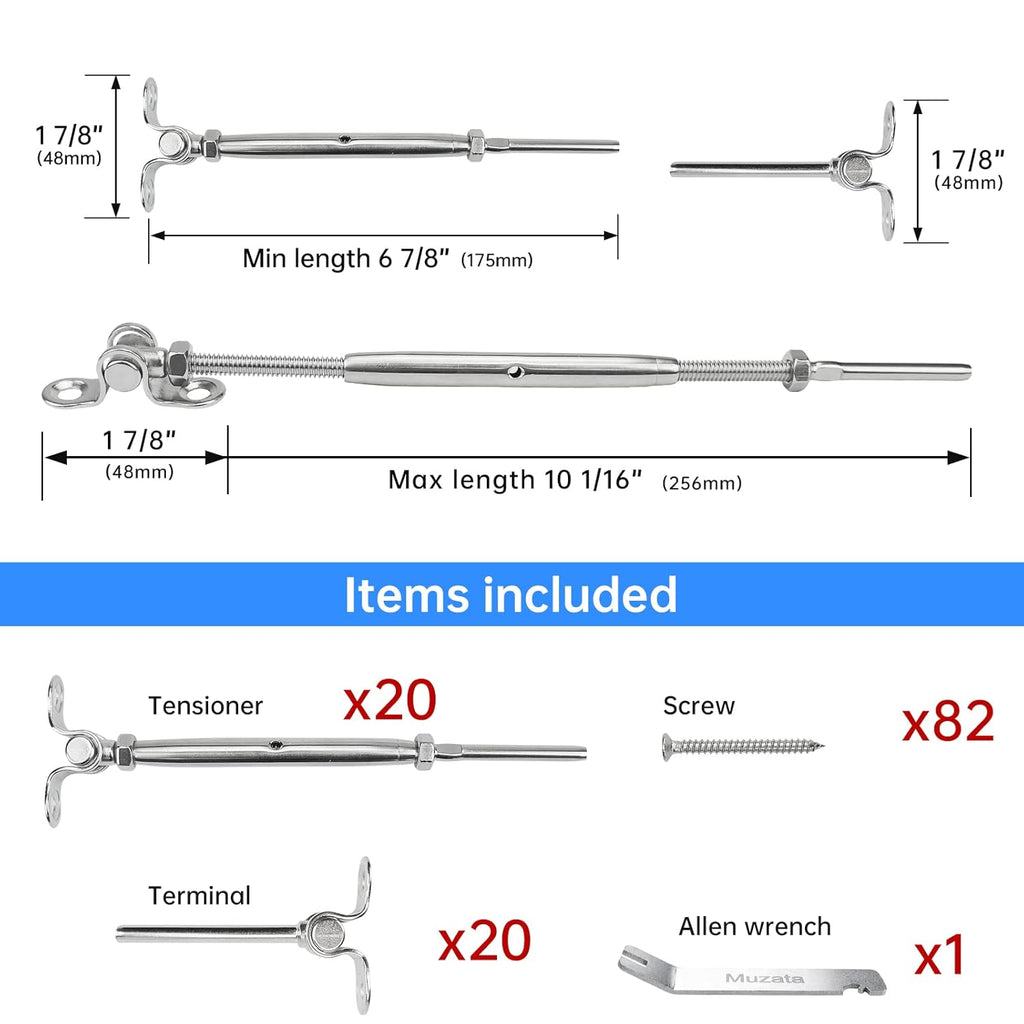 20 Set Cable Railing Kit 1/8 Swage Toggle Turnbuckle Hardware T316 Stainless Steel Angle 180° Adjustable H942