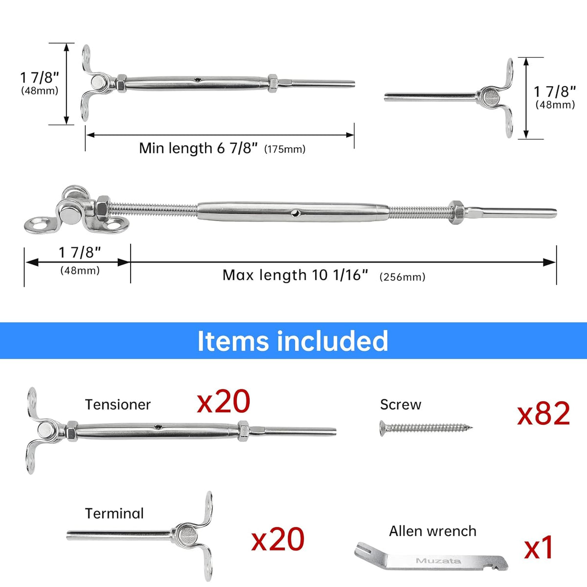 20 Set Cable Railing Kit 1/8 Swage Toggle Turnbuckle Hardware T316 Stainless Steel Angle 180° Adjustable H942