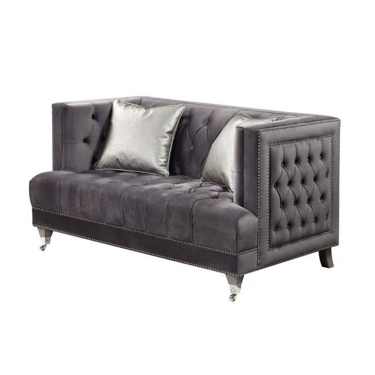 Gray Velvet Love Seat with Toss Pillows C4588