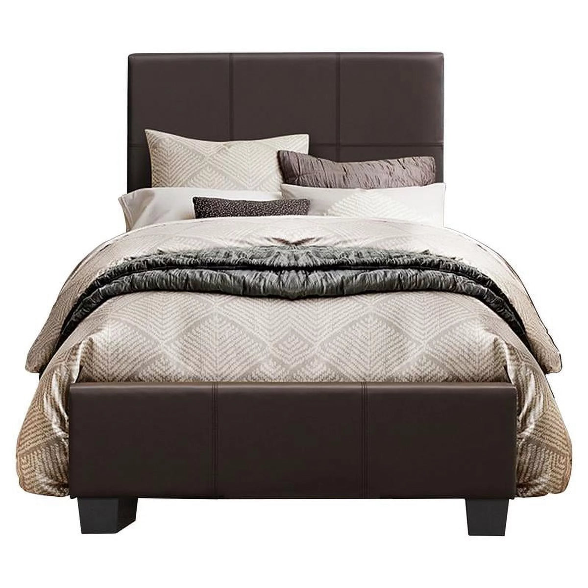 Wood and Faux Leather Twin Bed in Dark Brown D280