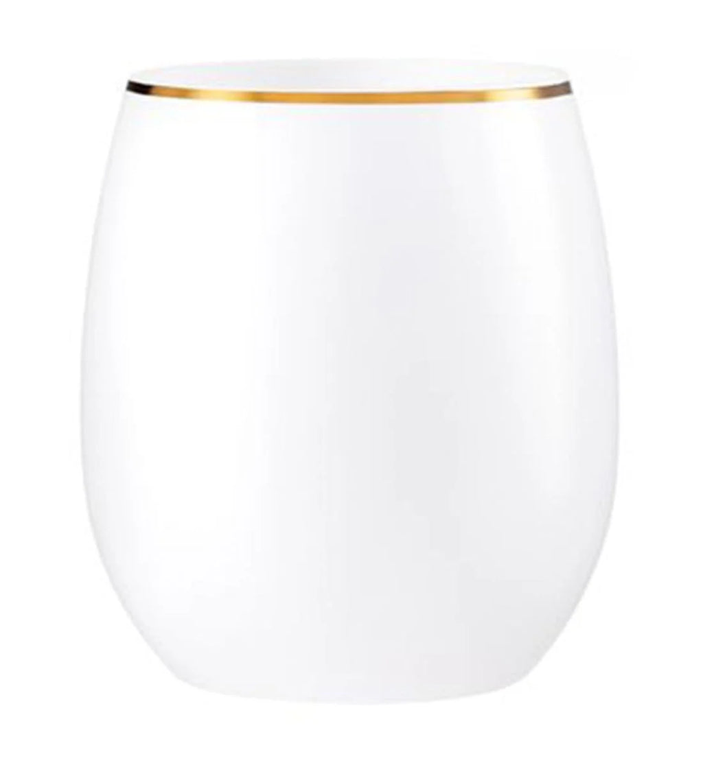 Stemless Plastic Wine Goblet 12 oz White Gold Rim Pack of 6 E6309