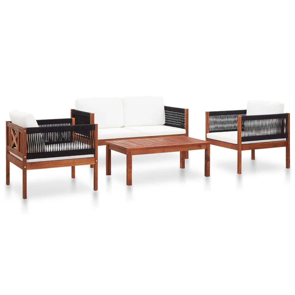 Set of 4 Cream White Cushioned Acacia Wood Outdoor Furniture Set O689