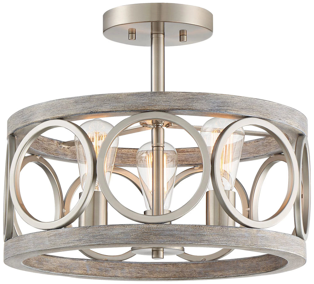 Rustic Farmhouse Ceiling Light Semi Flush Mount 16" Wide Brushed Nickel Gray Wood 3-Light LED C6315