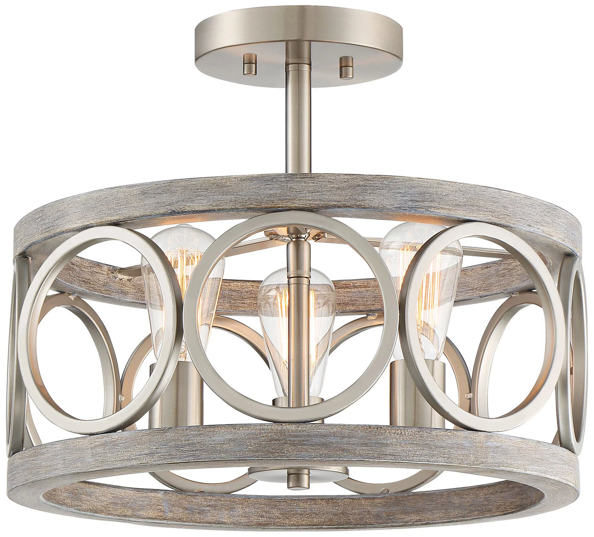 Rustic Farmhouse Ceiling Light Semi Flush Mount 16" Wide Brushed Nickel Gray Wood 3-Light LED C6315