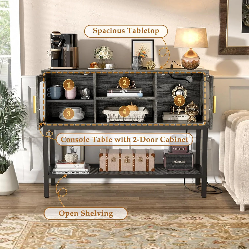 Black Oak Sideboard Buffet Cabinet with Outlet and LED Light O94798