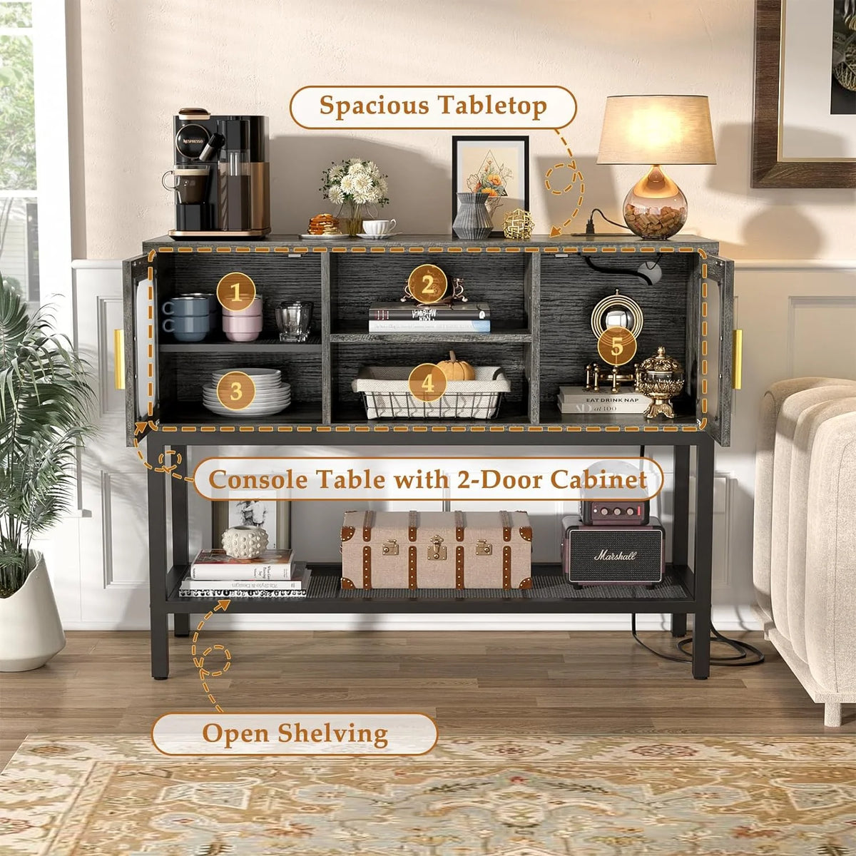 Black Oak Sideboard Buffet Cabinet with Outlet and LED Light O94798