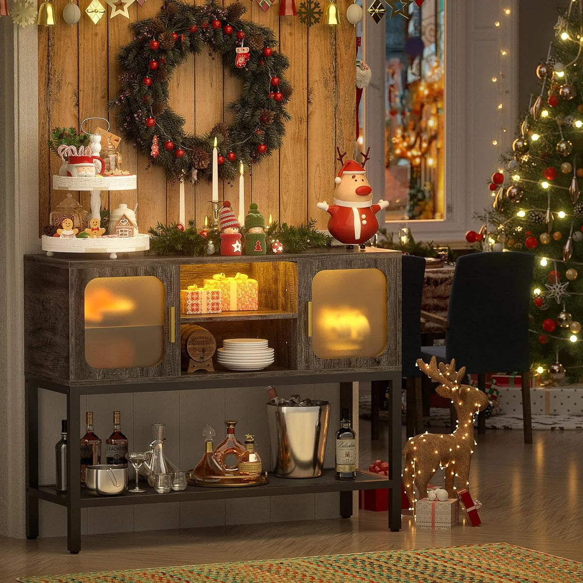 Black Oak Sideboard Buffet Cabinet with Outlet and LED Light O94798