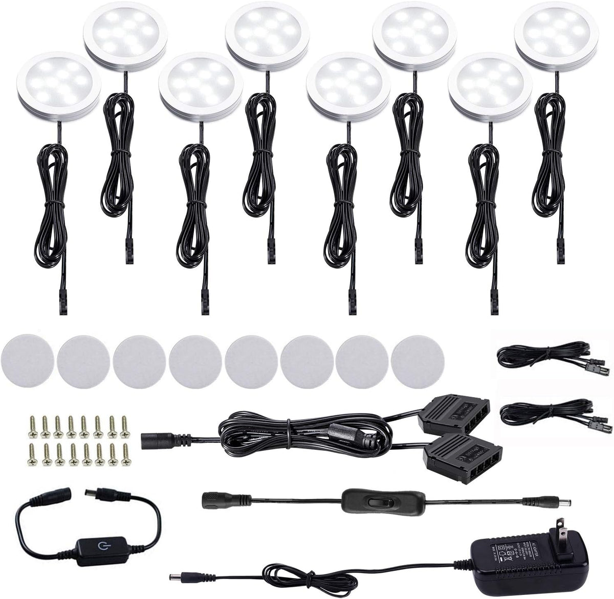 LED Under Cabinet Puck Lights Kit with Touch Dimming Switch, 8 Lights, Warm White, Pack of 2 B186