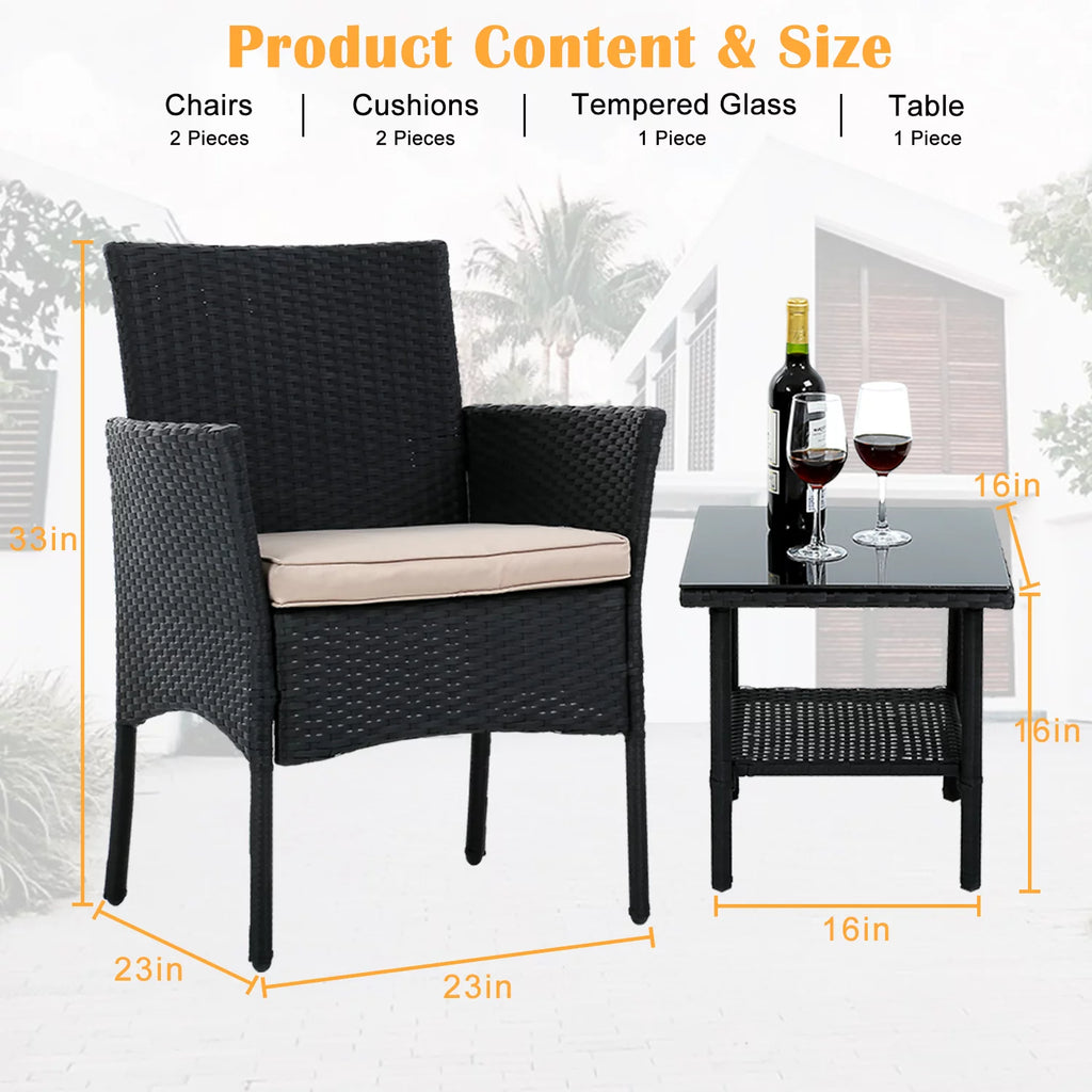 3 Pieces Rattan Wicker Patio Set with Glass Table N91007