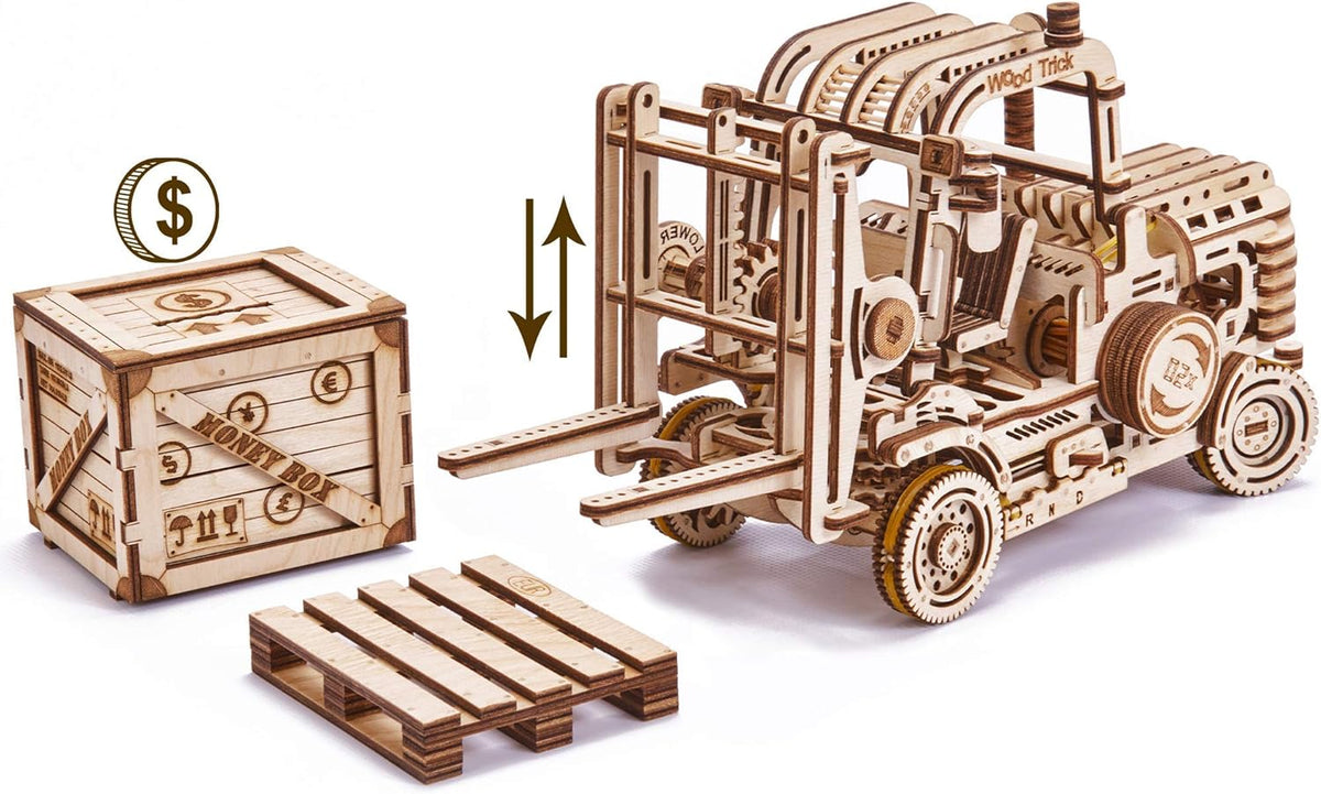 3D Wooden Puzzle Forklift Truck Model Kit with Pallet and Money Box B737444