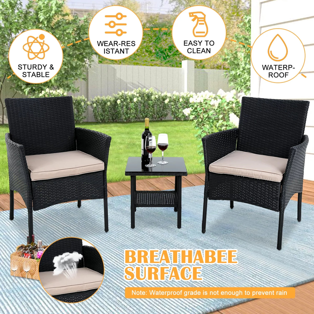 3 Pieces Rattan Wicker Patio Set with Glass Table N91007