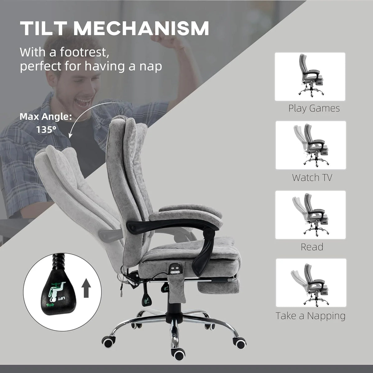 Gray Microfiber High Back Office Chair with Massage and Footrest H689