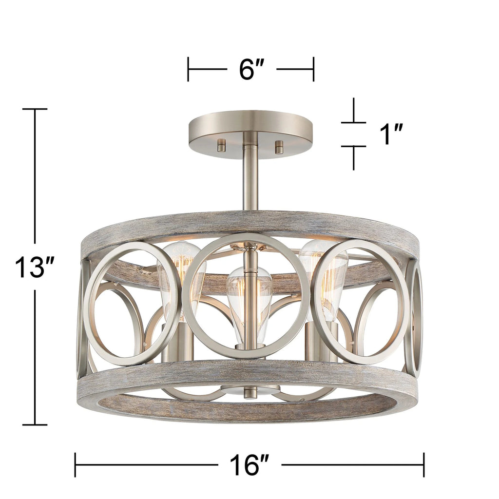 Rustic Farmhouse Ceiling Light Semi Flush Mount 16" Wide Brushed Nickel Gray Wood 3-Light LED C6315
