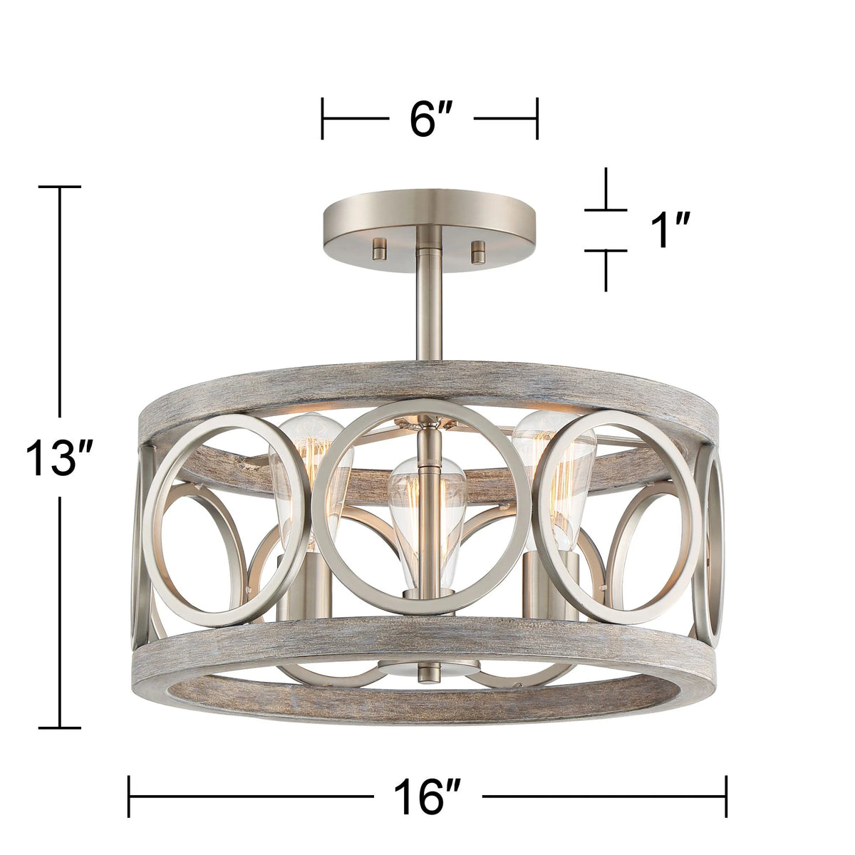 Rustic Farmhouse Ceiling Light Semi Flush Mount 16" Wide Brushed Nickel Gray Wood 3-Light LED C6315