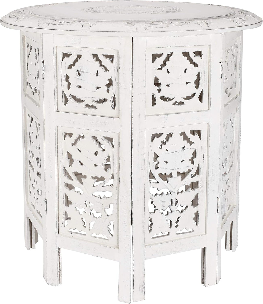 Solid Wood Hand Carved White Antique Accent Table E268