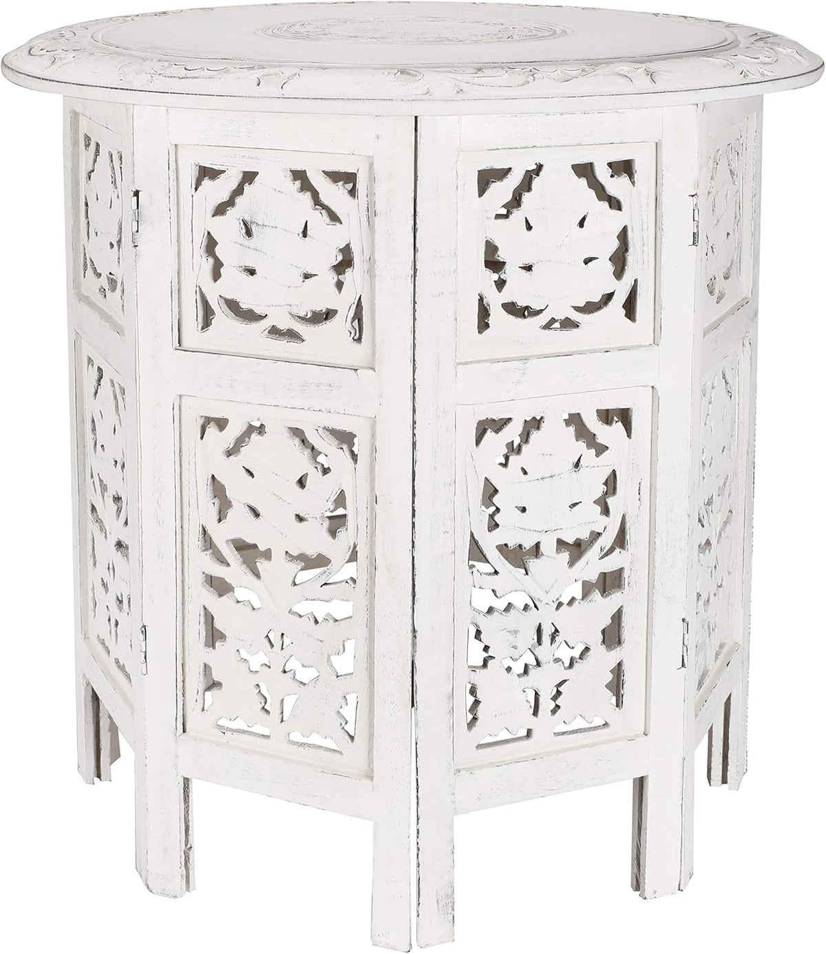 Solid Wood Hand Carved White Antique Accent Table E268