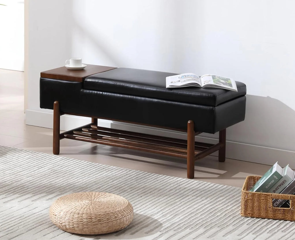 Black Leather Storage Bench with Shoe Rack X958