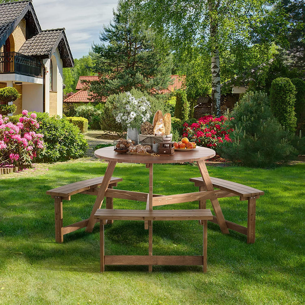 6 People Wooden Picnic Table Bench Set with Umbrella Hole U3551
